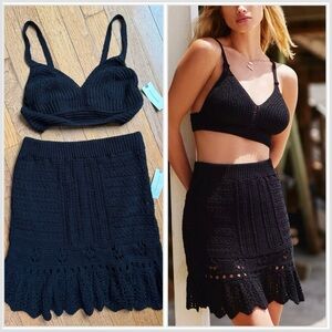 NWT by Anthropologie Black Crochet Knit Skirt Bralette Top Set 100% Cotton Small